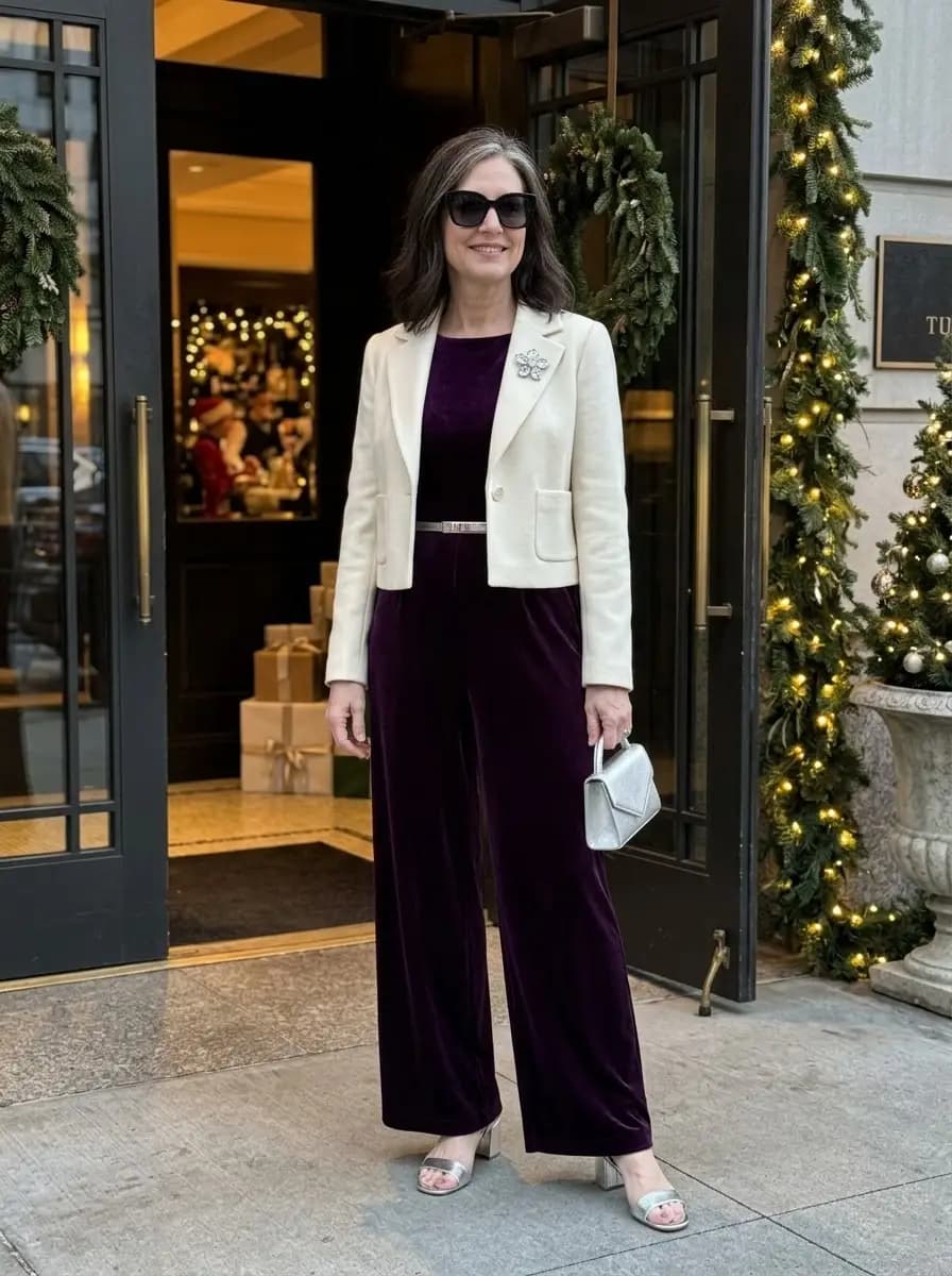 Cream cropped blazer with plum velvet jumpsuit and silver accessories