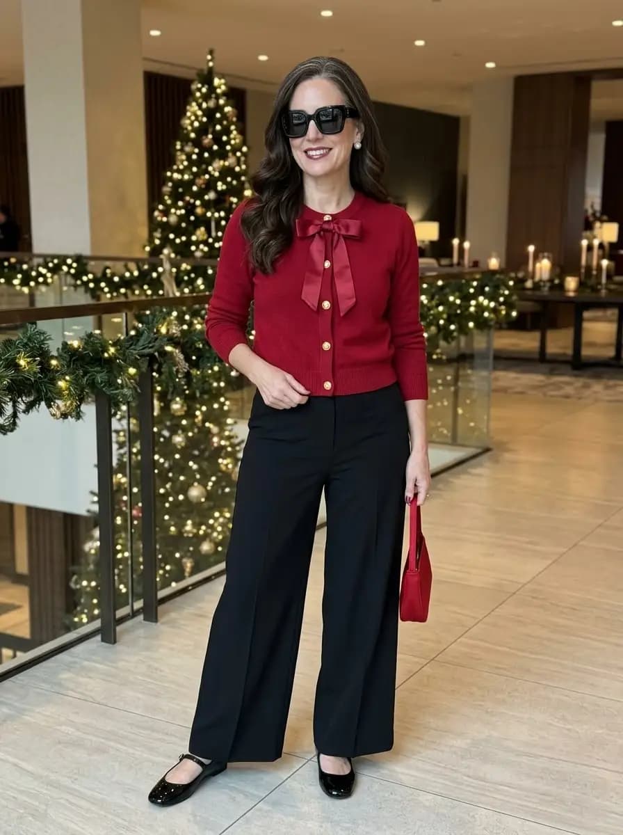 Red button up cardigan with bow detail and black wide-leg trousers