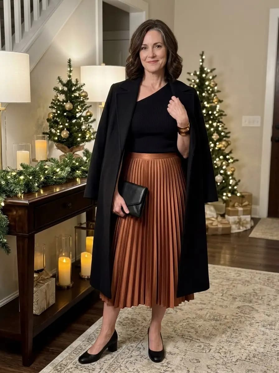 Black one-shoulder top with copper pleated midi skirt and long black coat