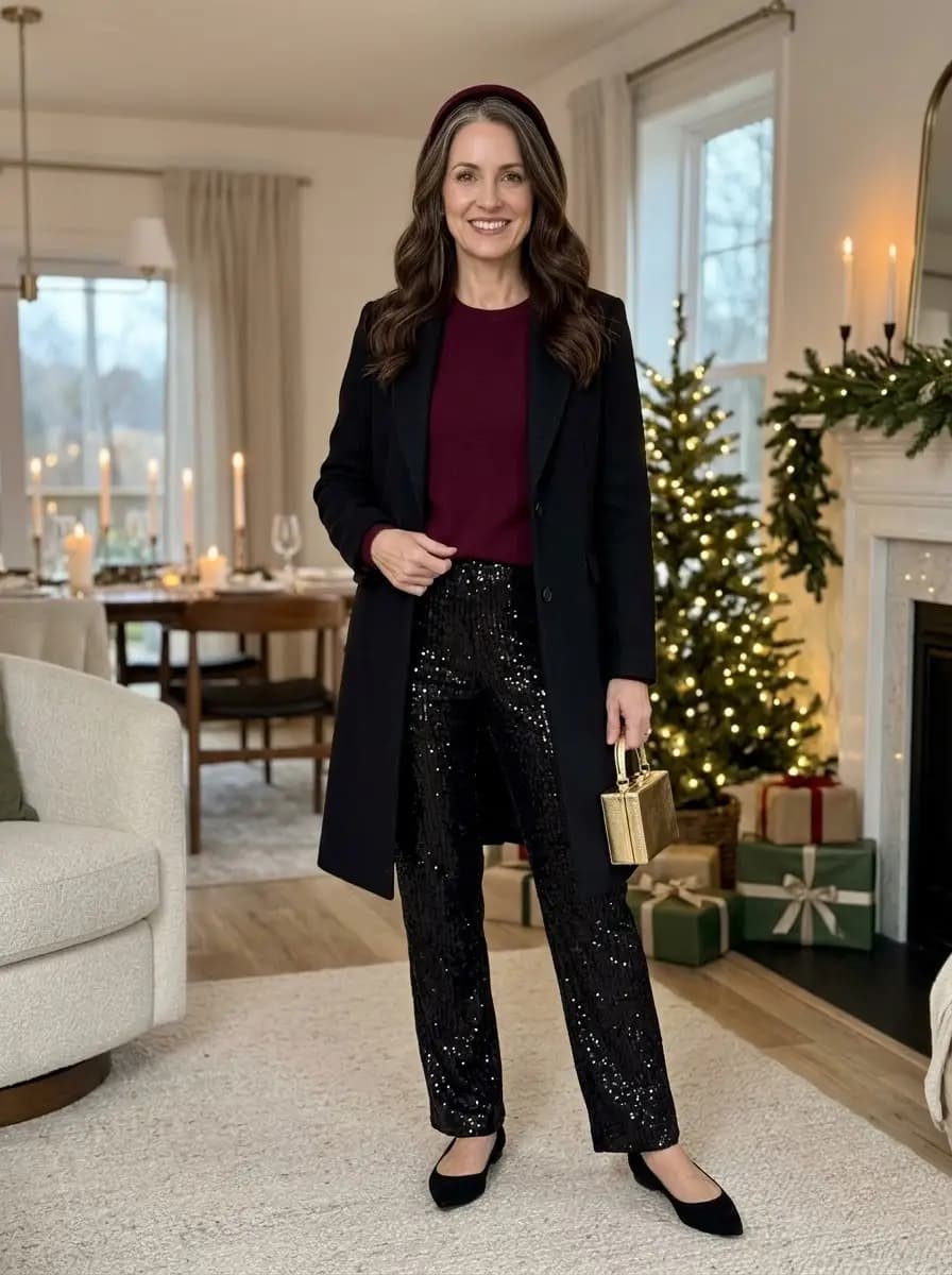 Burgundy crewneck sweater with black sequin trousers and black long coat