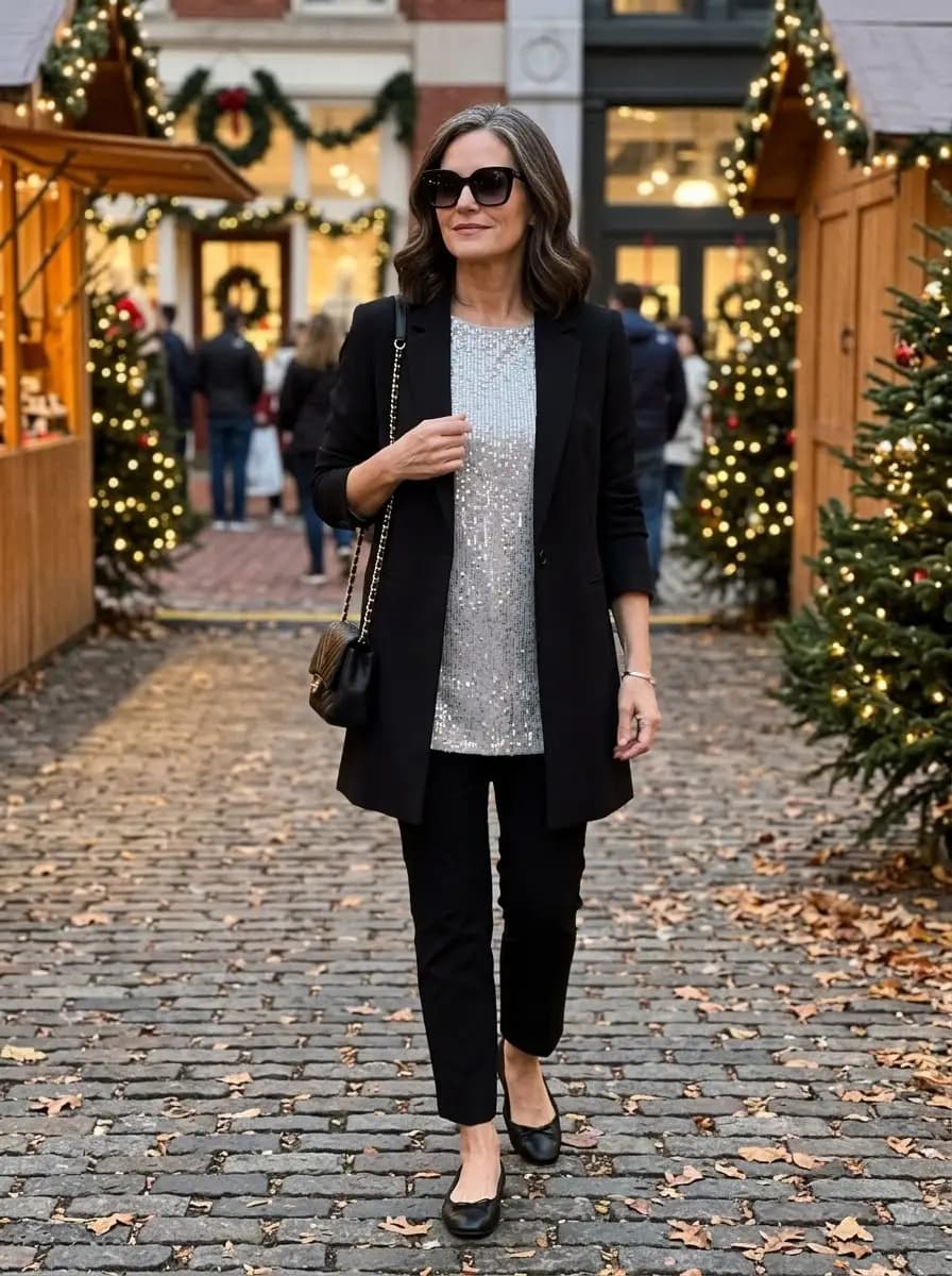 Black blazer, silver sequin top, and black trousers with chain strap bag