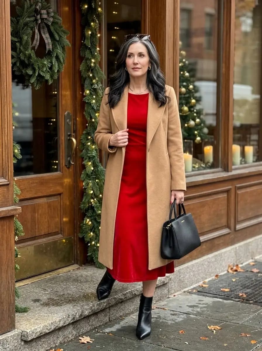 Camel wool coat over red velvet midi dress with black ankle boots