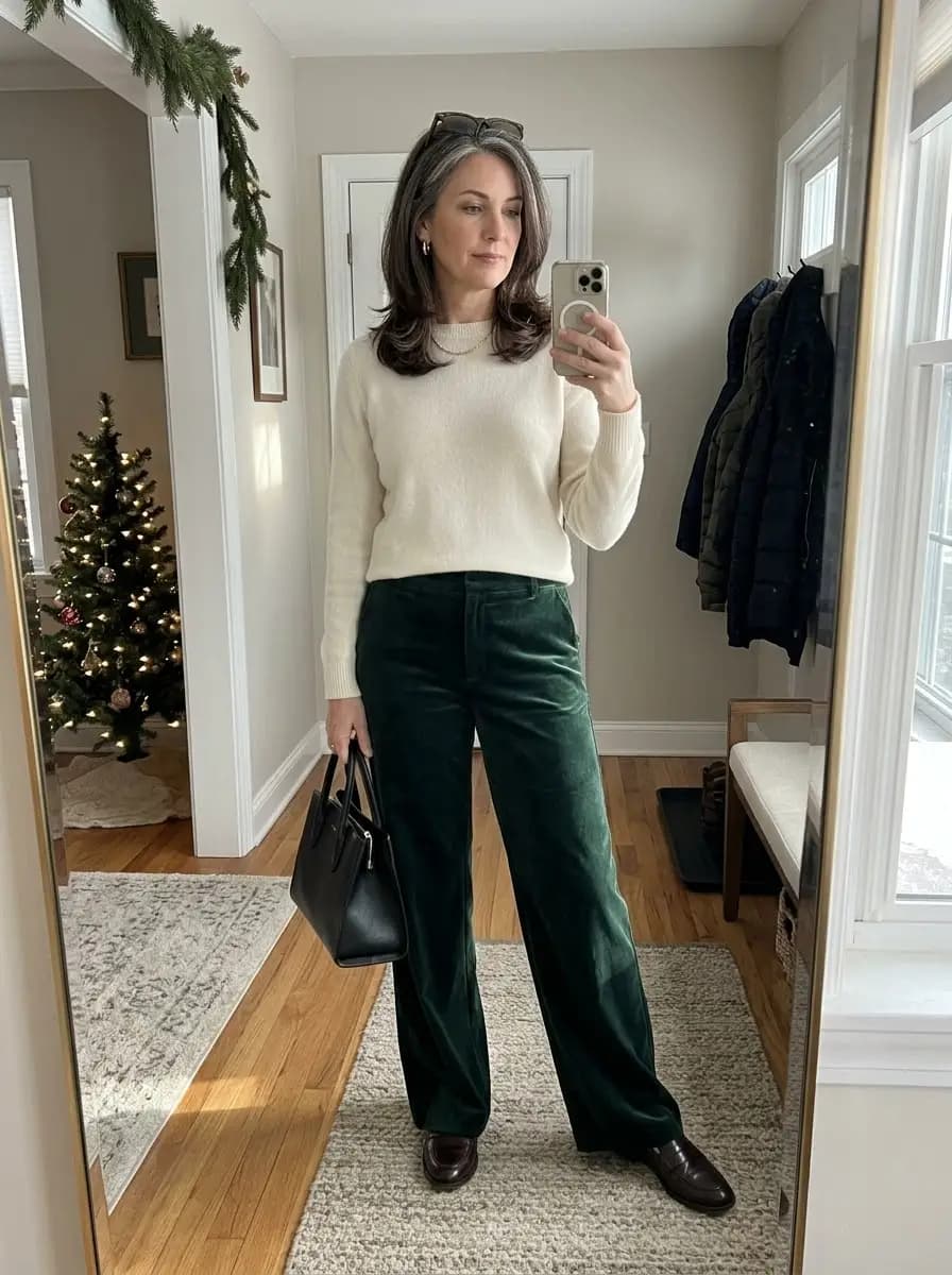 Cream crewneck sweater with green velvet wide-leg trousers and brown loafers