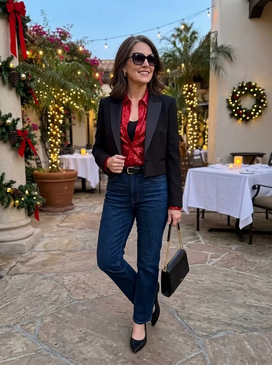 Black cropped blazer, red sequin top, and blue denim jeans with pumps