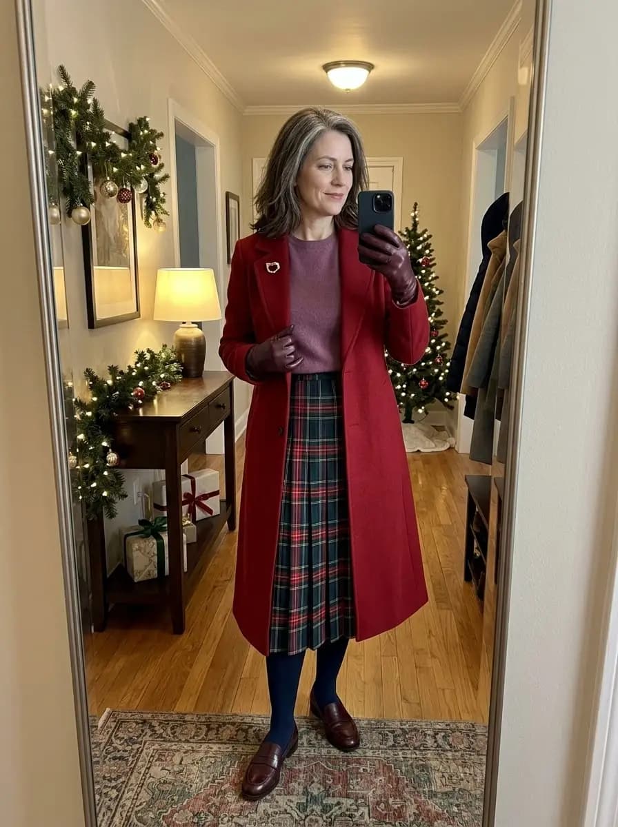 Red wool coat, burgundy crewneck sweater, and plaid midi skirt with loafers