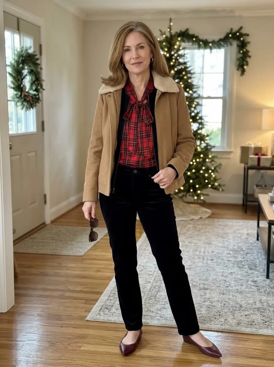 Tan suede jacket with shearling collar, red plaid blouse, and black velvet trousers