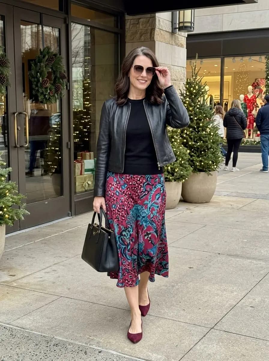 Black leather jacket and black crewneck top with red and teal print midi skirt