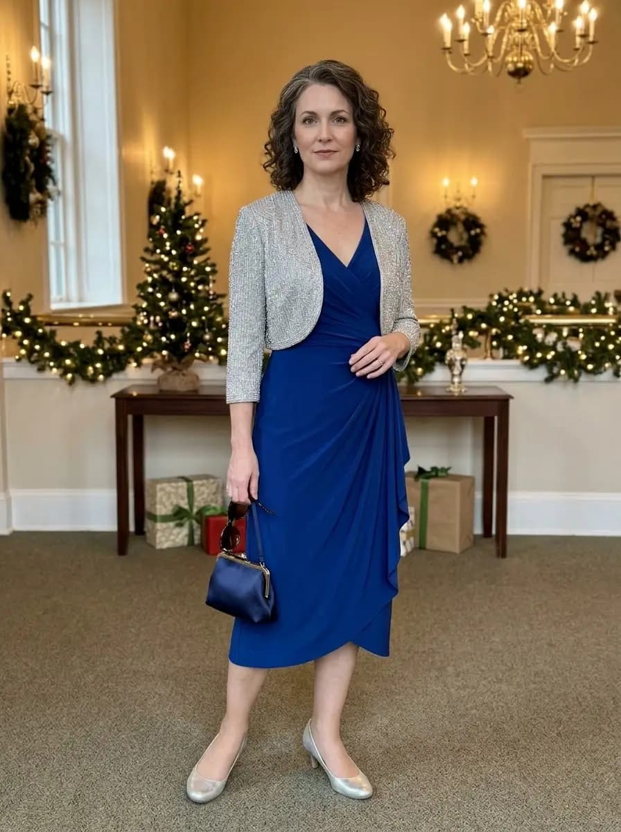 Silver beaded bolero with royal blue wrap dress and silver flats