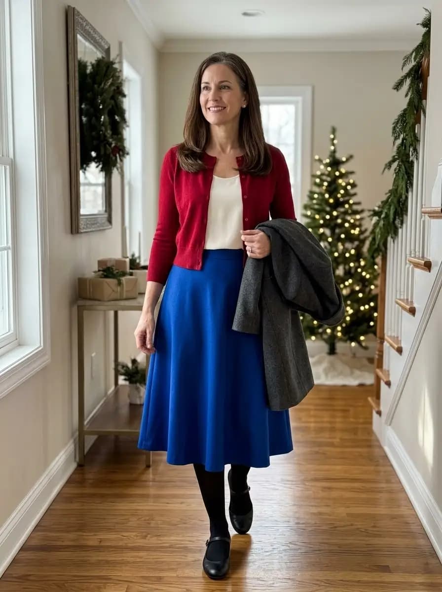 Red knit cardigan, cream crewneck top, royal blue A-line skirt, and grey coat