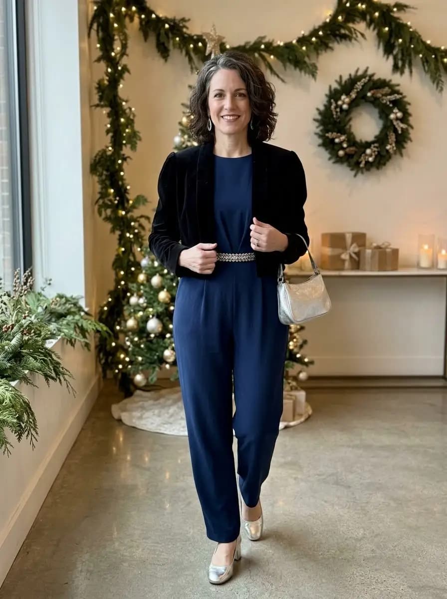 Navy jumpsuit with black velvet cropped jacket and silver flats