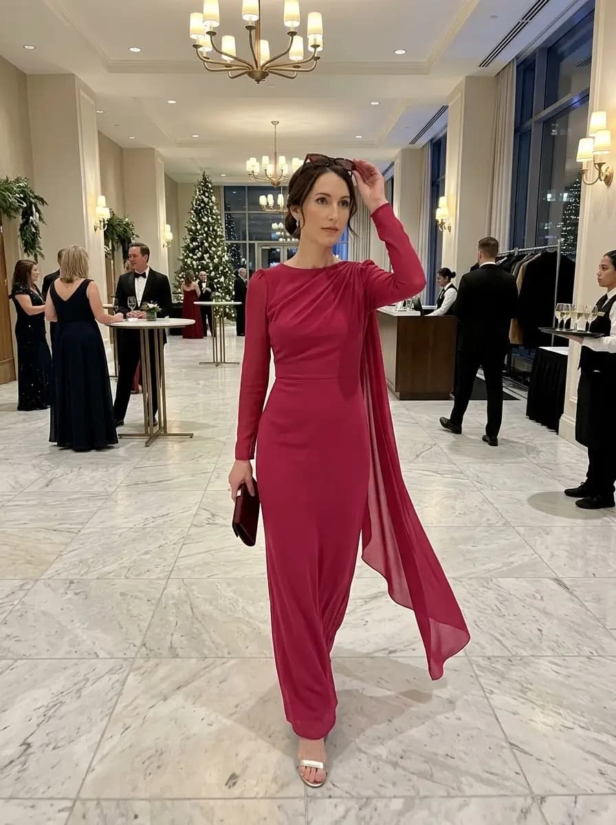 Fuchsia crepe column gown with gathered neckline and side draped panel