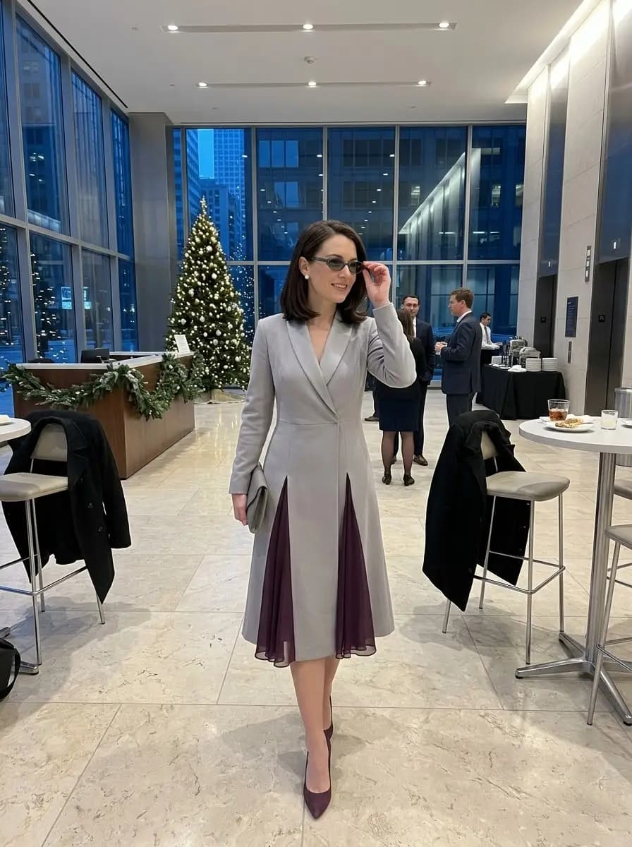 Light grey wrap dress with plum underlayer and matching plum pumps