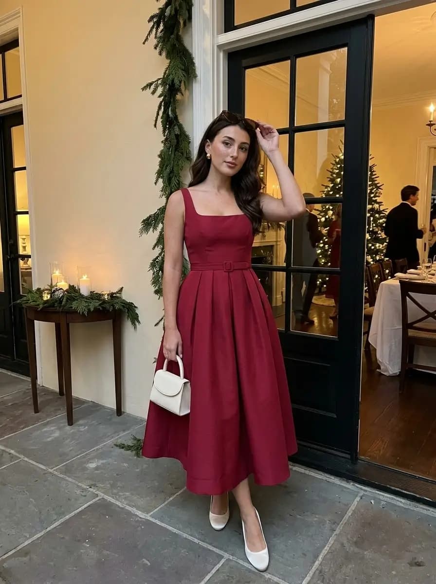 Maroon fit-and-flare midi dress with white pumps and white handbag