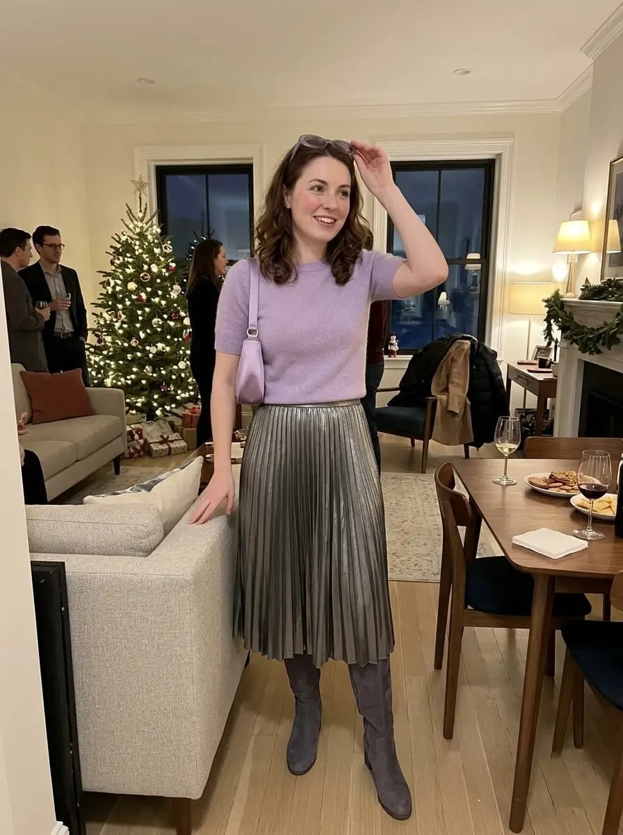 Lavender short-sleeve knit top with silver pleated midi skirt and grey boots