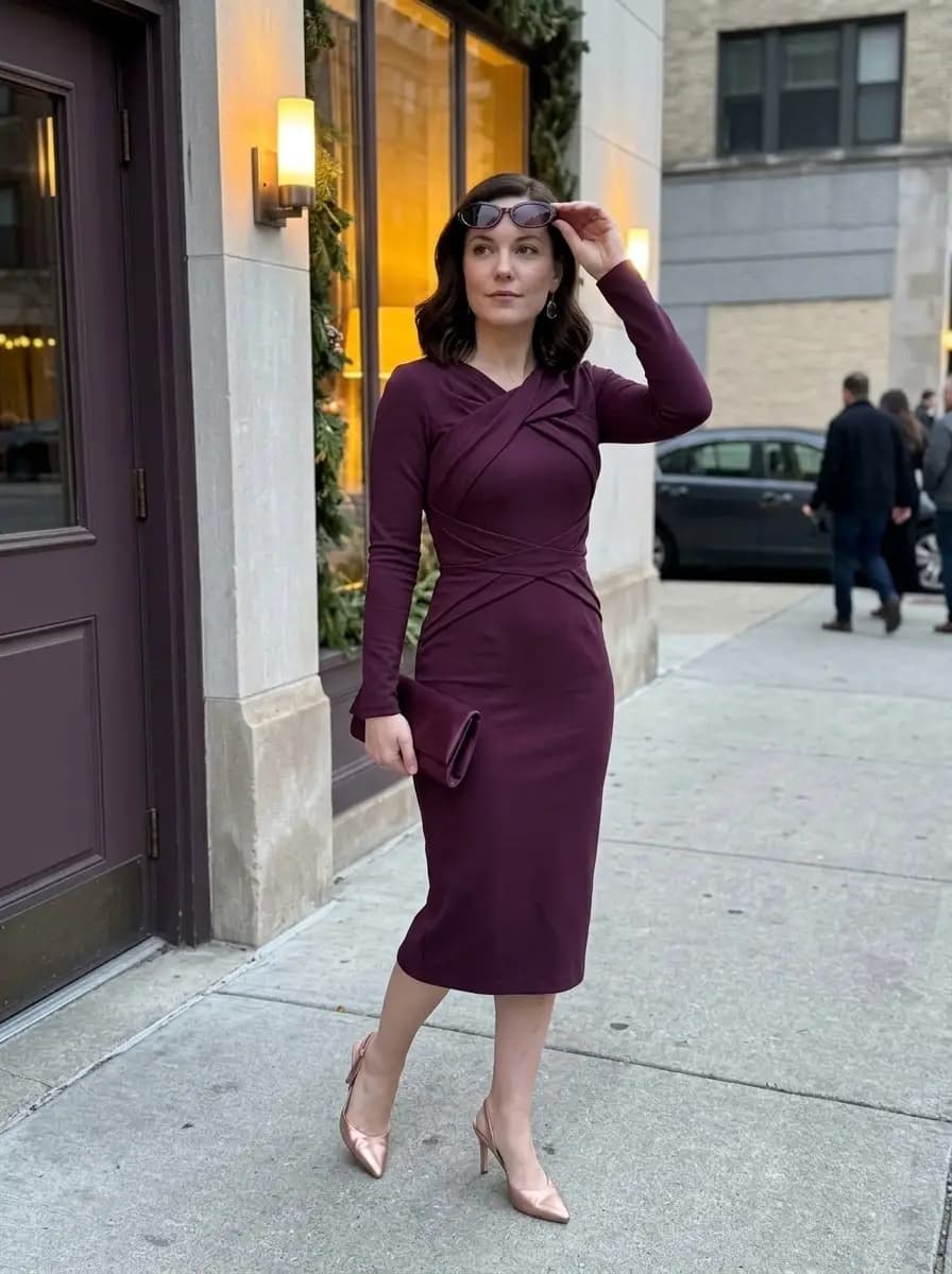 Plum long-sleeve wrap midi dress with rose gold pumps