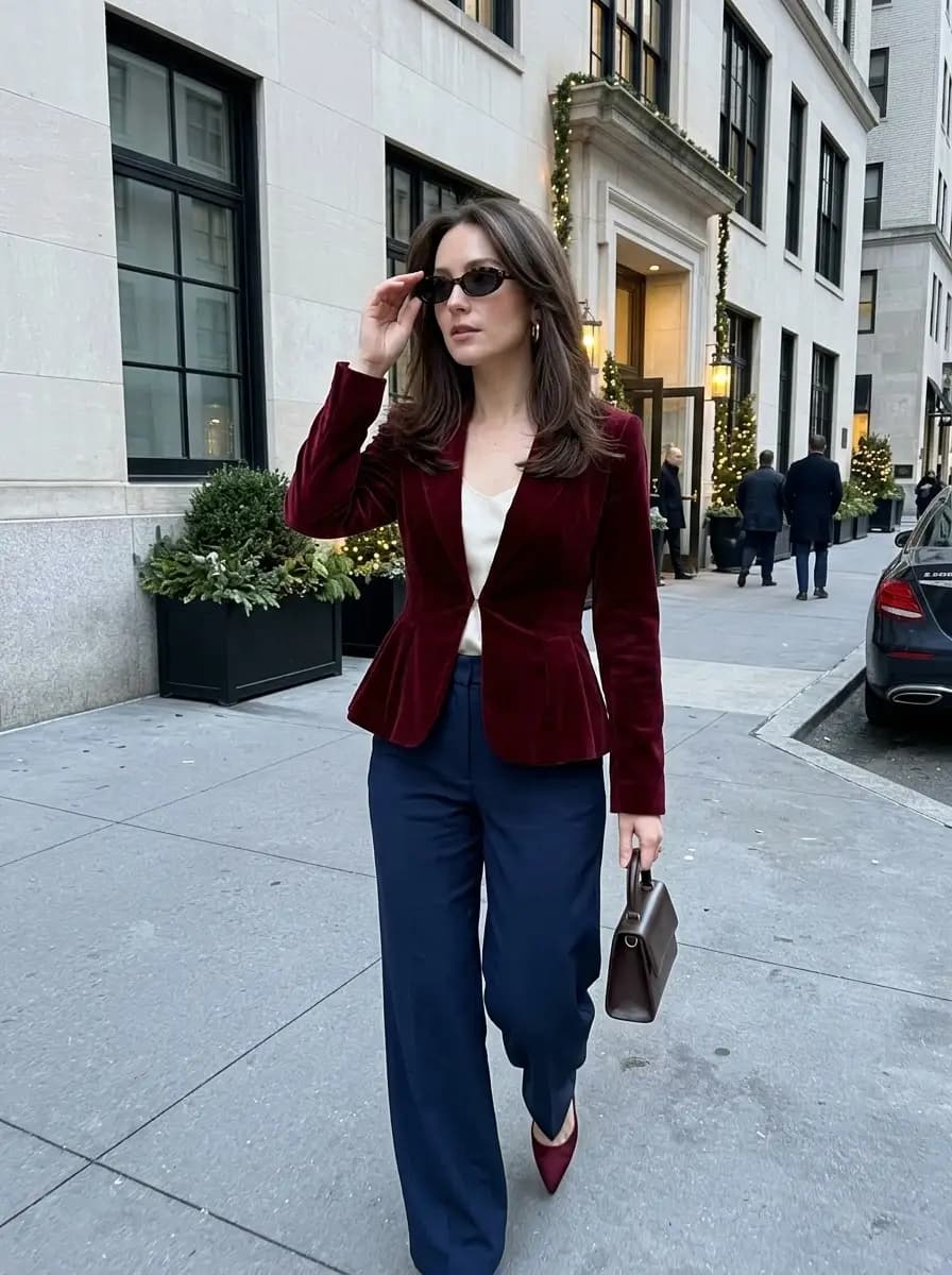Burgundy velvet blazer over ivory camisole with navy wide-leg trousers
