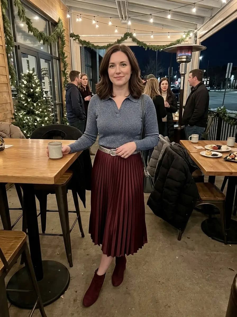 Light blue collared sweater with burgundy pleated midi skirt and boots