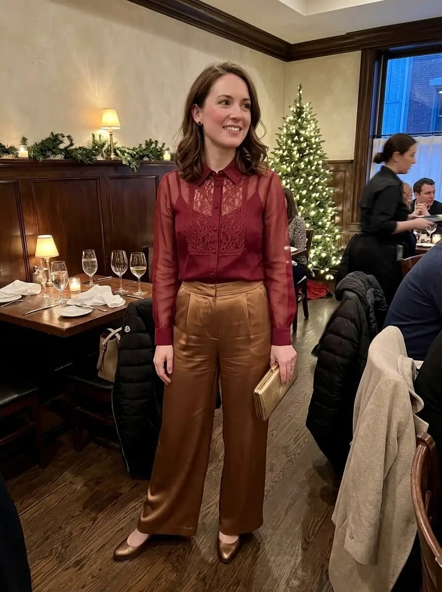 Burgundy sheer lace blouse with bronze satin wide-leg trousers