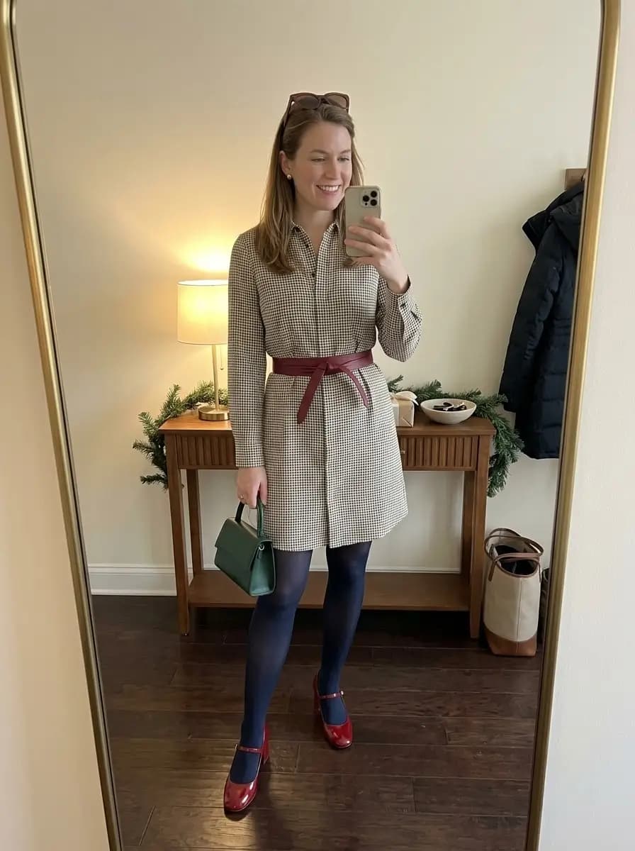 Neutral plaid shirt dress with burgundy belt, navy tights, and Mary Janes