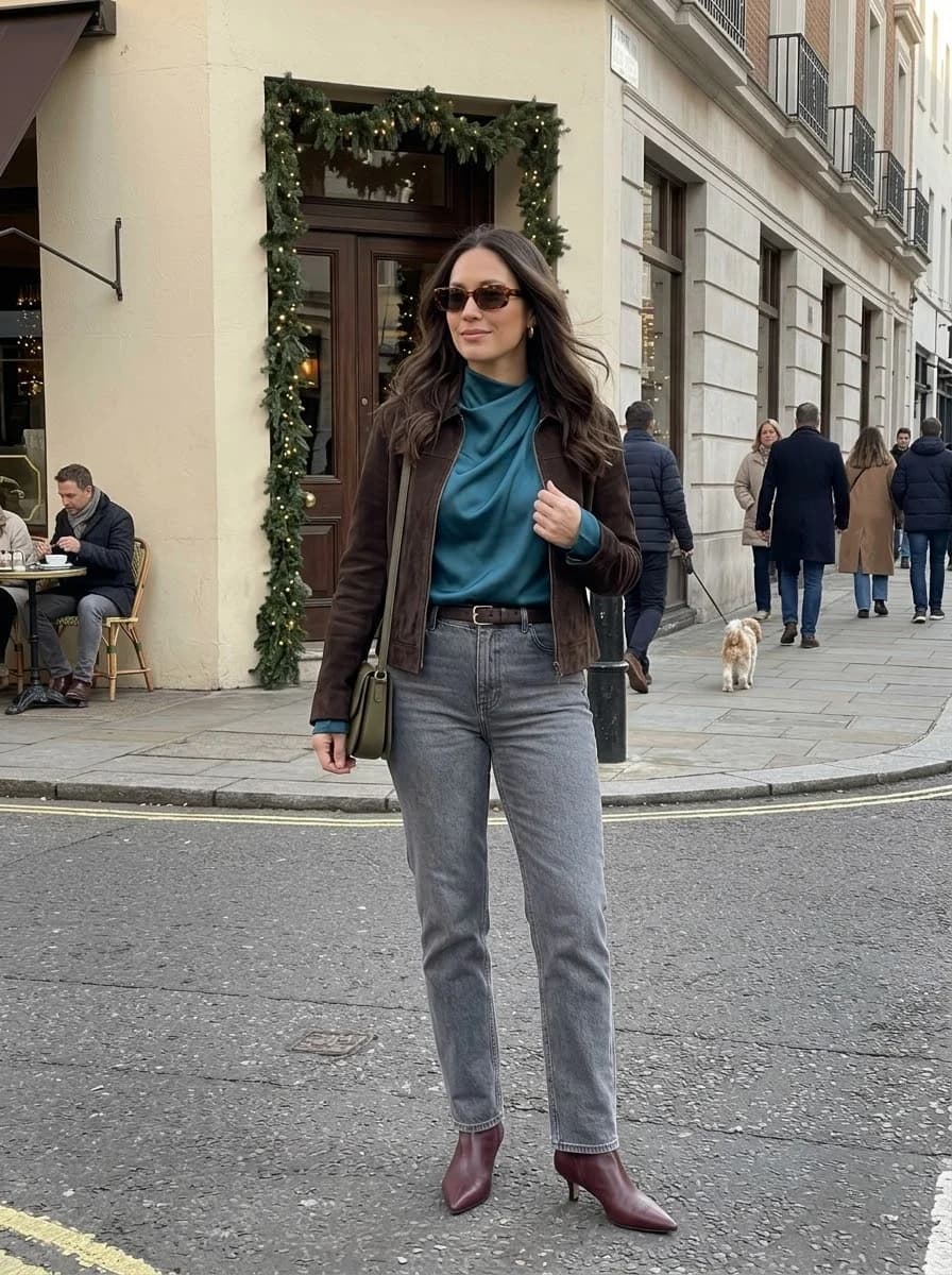 Brown suede jacket styled with a teal satin top and grey straight-leg jeans