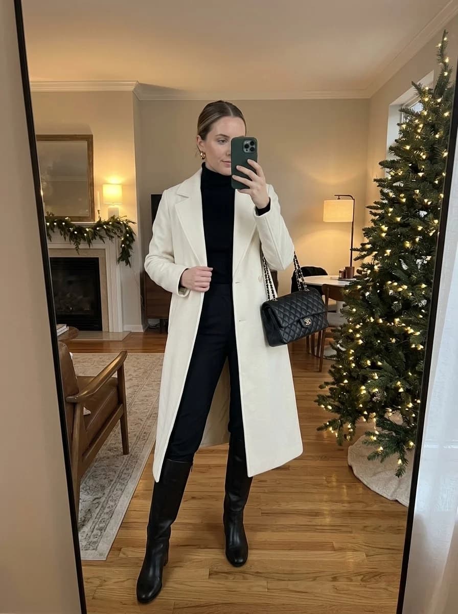 Long cream coat over a black turtleneck, slim black trousers, and tall black boots