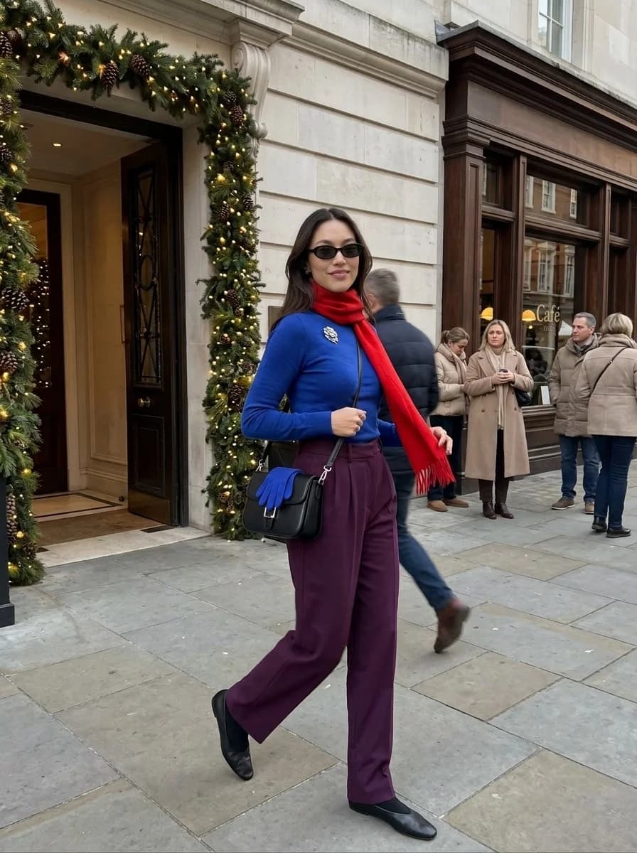 Cobalt blue long-sleeve knit paired with rich plum wide-leg trousers and a red scarf