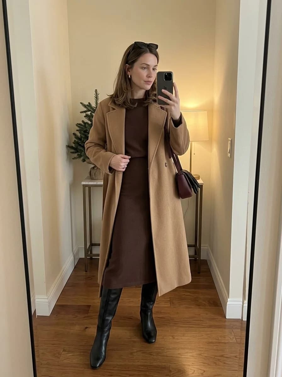 Long camel coat worn over a chocolate brown knit midi dress with black knee-high boots