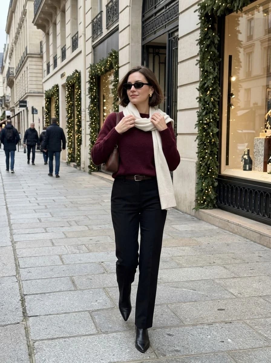 Burgundy sweater tucked into straight black trousers with a long cream scarf and pointed ankle boots