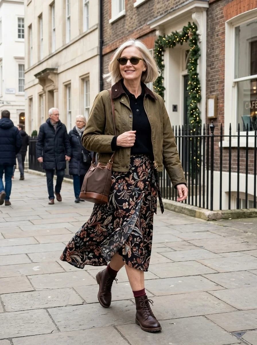 Olive utility jacket over a black knit top and dark floral midi skirt with brown boots