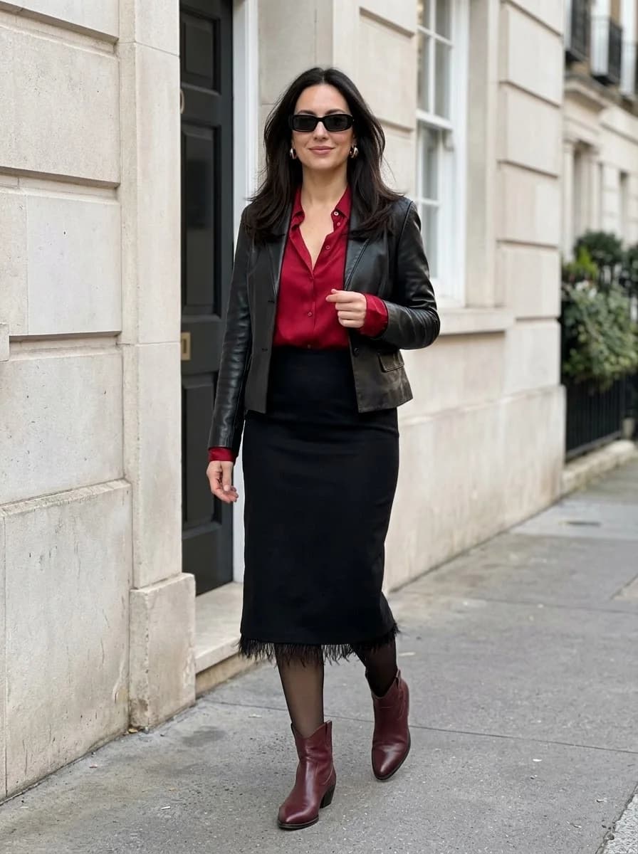 Black leather jacket over a red satin shirt, black midi skirt, sheer tights, and burgundy boots