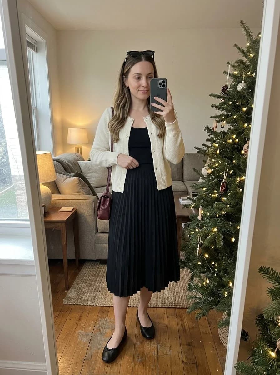 Soft cream cardigan layered over a black pleated midi dress with flat black shoes
