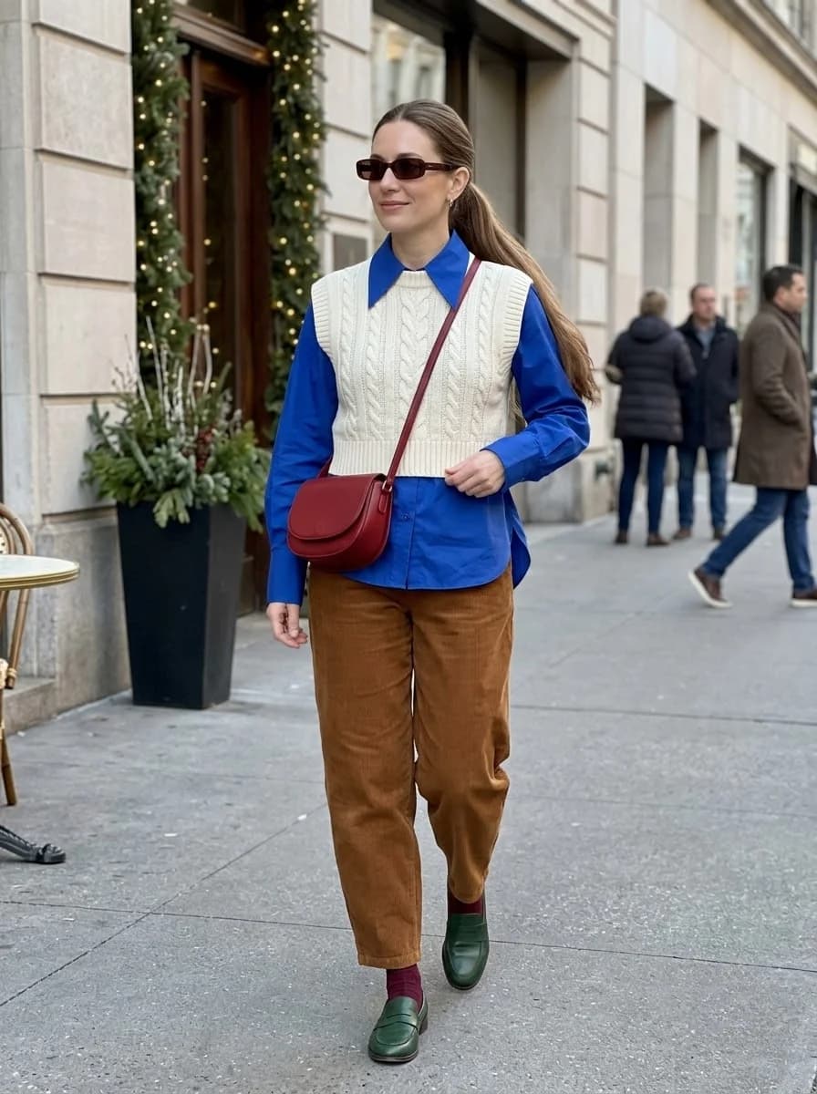 Cream cable-knit vest layered over a bright blue shirt with brown corduroy trousers