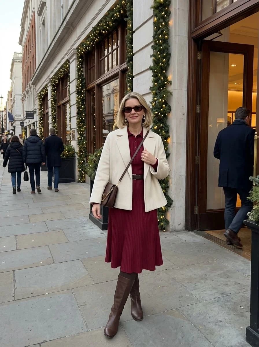 Cream blazer layered over a burgundy ribbed midi dress with brown knee-high boots