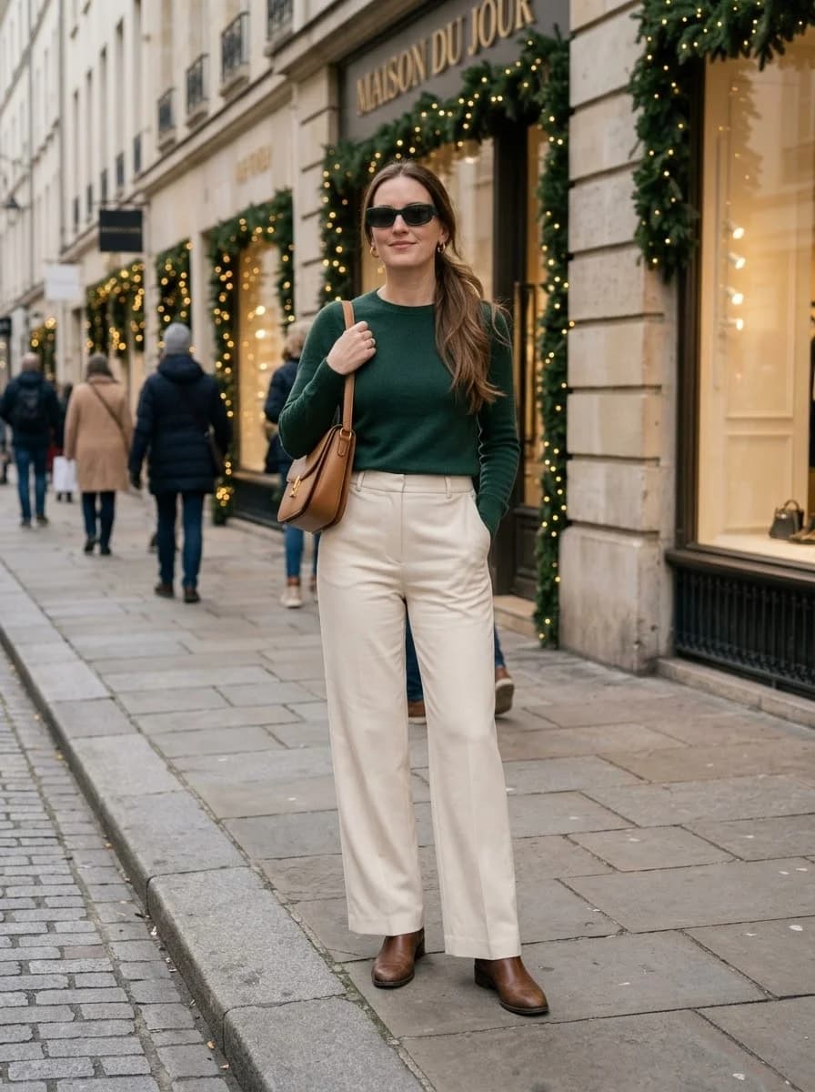 Forest green sweater tucked into cream wide-leg trousers with brown ankle boots
