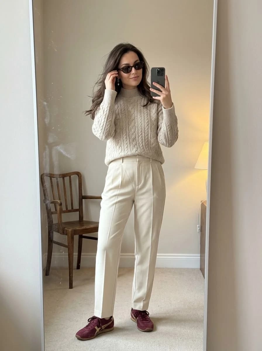 Cream cable-knit sweater with tailored ivory trousers and burgundy sneakers