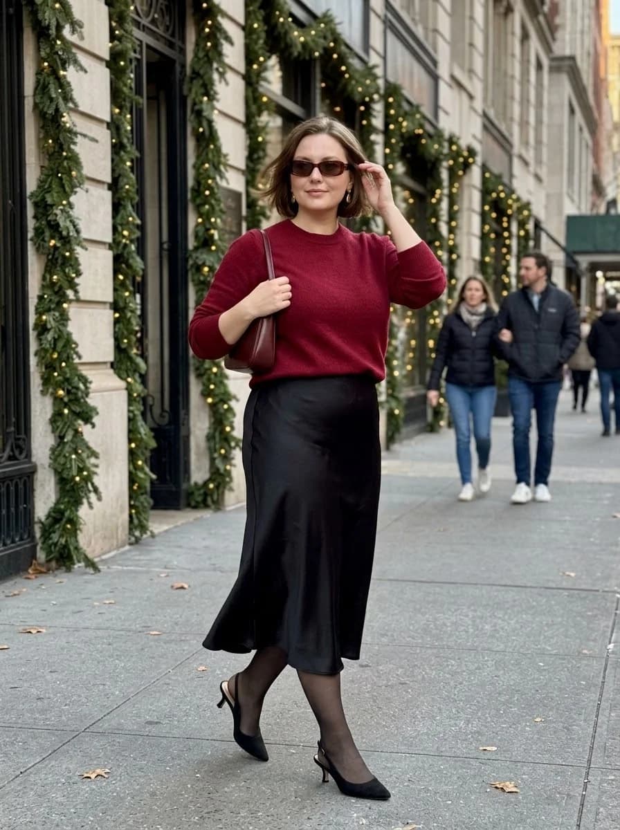 Maroon sweater tucked into a black satin midi skirt with sheer black tights and slingback heels
