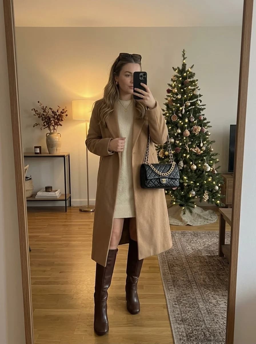 Long camel coat over a cream knit mini dress with chocolate brown knee-high boots