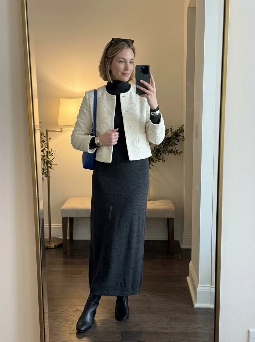 Cropped white tweed jacket over a black turtleneck and long charcoal maxi skirt