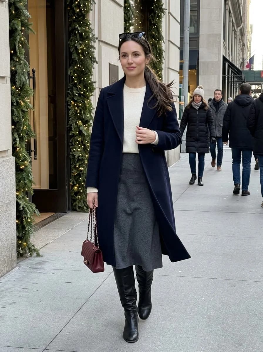 Long navy coat over a cream sweater and grey midi skirt with knee-high black boots