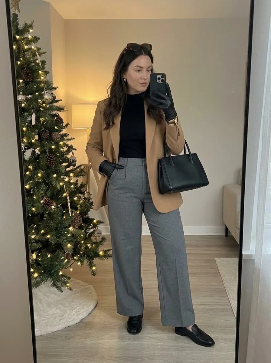 Camel blazer over a black turtleneck and grey straight-leg trousers with black loafers