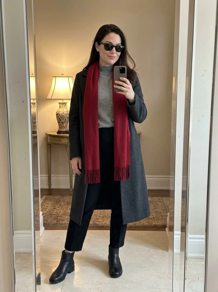 Long charcoal coat with grey turtleneck, red scarf, cropped black trousers, and chunky boots