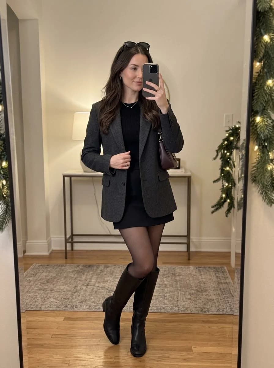 Charcoal blazer layered over a black mini skirt with knee-high boots