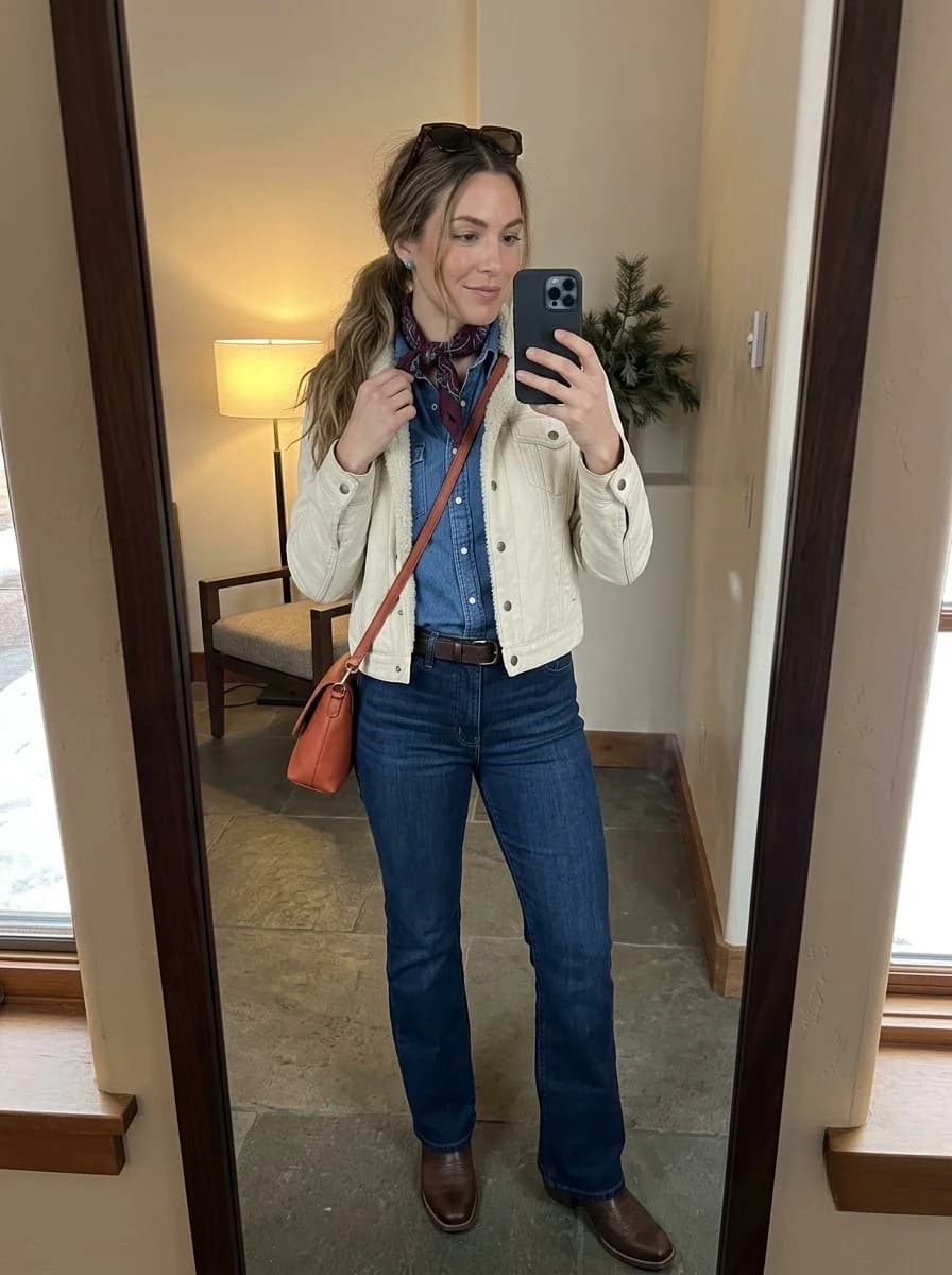 Cream jacket over a medium-blue denim shirt, dark straight-leg jeans, and burgundy printed neck scarf