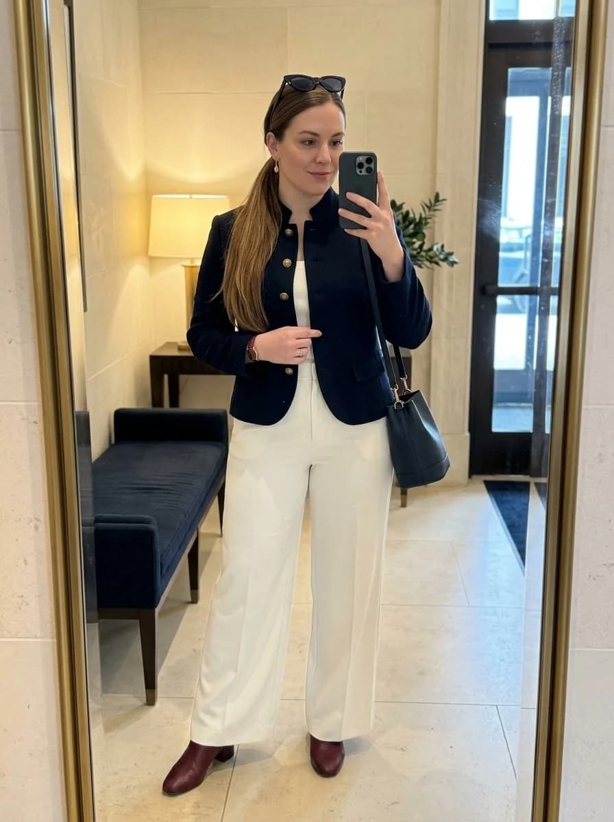 Cropped navy blazer with gold buttons paired with wide-leg white trousers and burgundy ankle boots