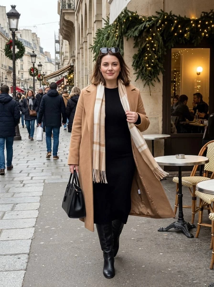 Long camel coat layered over a black ribbed midi dress with black knee-high boots