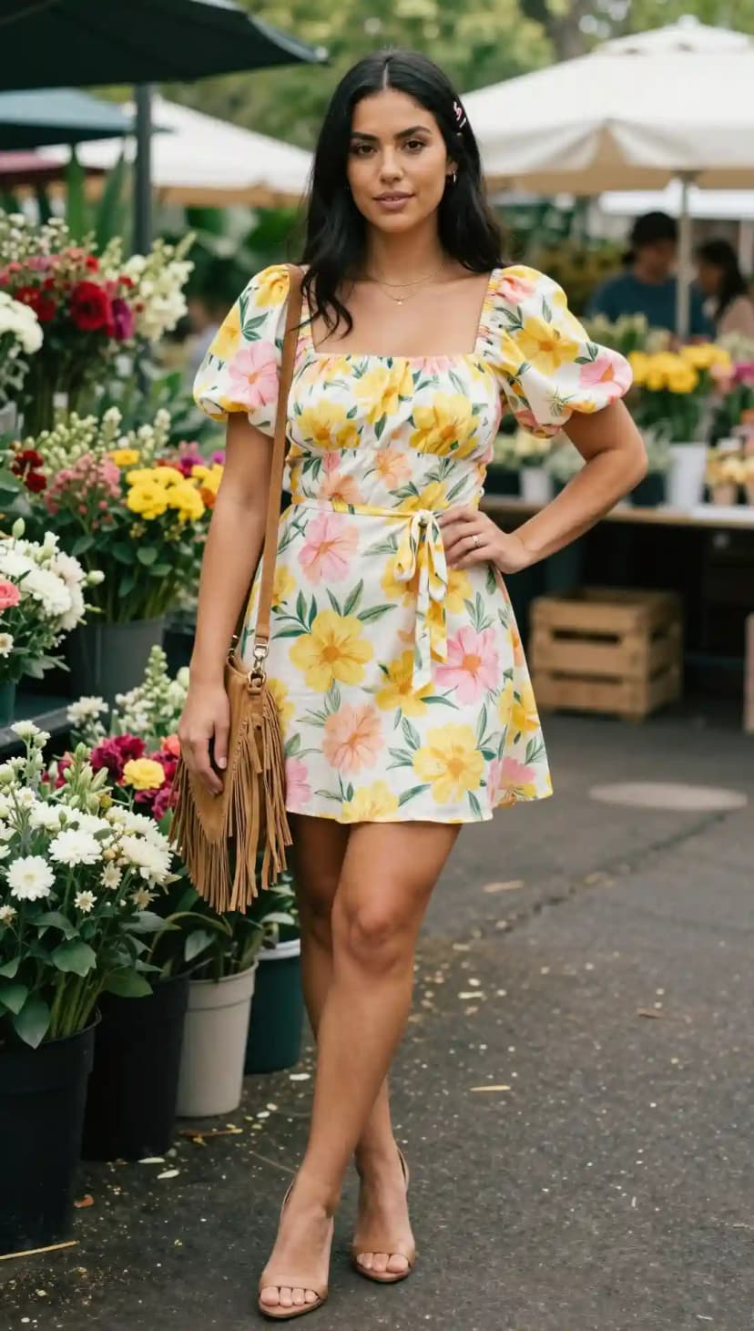 White Floral Print Puff Sleeve Mini Dress