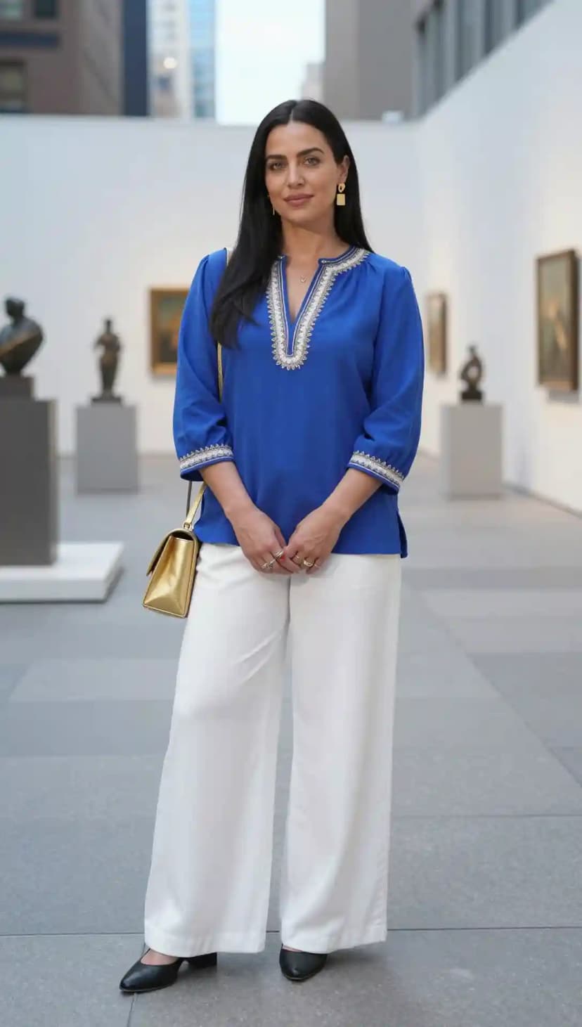 Blue Embroidered Cotton Tunic + White Linen Wide-Leg Pants