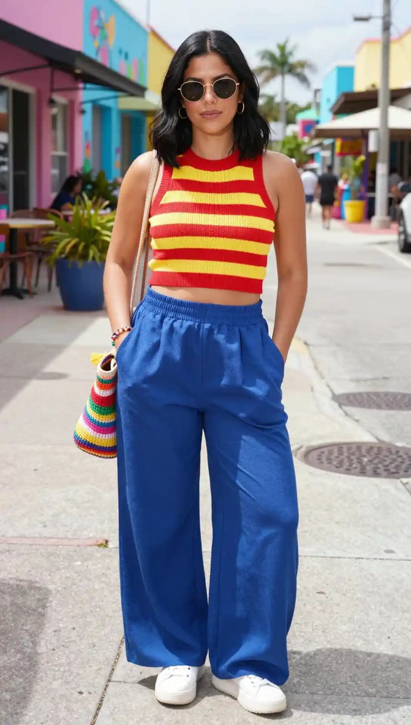 Red Striped Knit Crop Top + Blue Linen Wide-Leg Pants