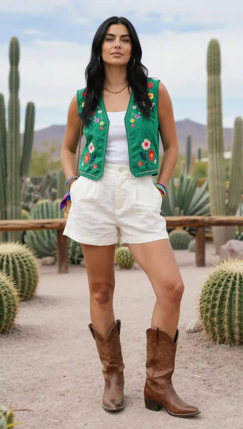 Green Embroidered Cotton Vest + White Linen Shorts + Brown Leather Boots