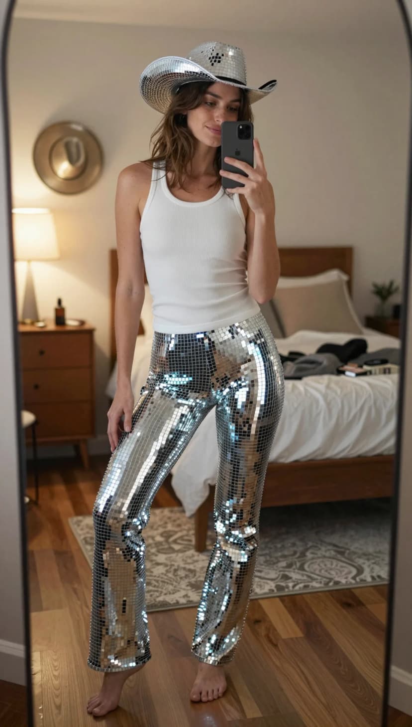 White Ribbed Tank + Silver Sequin Disco Pants + Silver Disco Cowboy Hat